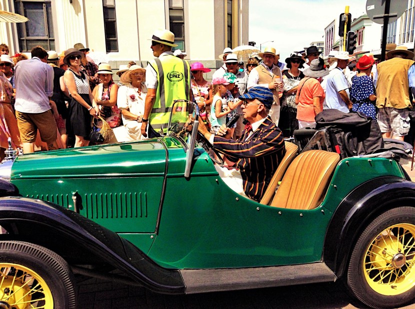 Bertie, Napier's Art Deco ambassador, kicking off the hour-long vintage car parade.  This car used to belong to Carole Lombard, Clarke Gables' wife 