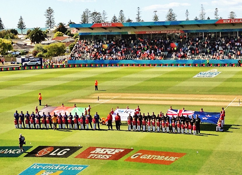 The teams line up for the Afghan and New Zealand national anthems.